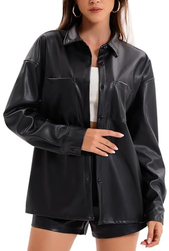 Haianguoji Women's Faux Leather Button-Down Shirt Jacket Lightweight Long Sleeve PU Blouse Shacket Tops (Black, XL)