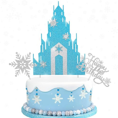 3 Stück Schloss Tortendeko Geburtstag, Glitzer Happy Birthday Cake Topper, Prinzessin Kuchen Deko, Schneeflocke Kuchen Topper für Prinzessin Thema Baby Dusche Hochzeit Geburtstag Party Dekorationen