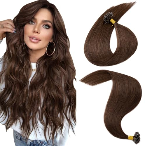 MY-LADY U Tip Hair Extensions Real Human Hair Remy Straight #4 Medium Brown Nail Tip Fusion Hair Extensions for Women Invisible 14 Inch 25g