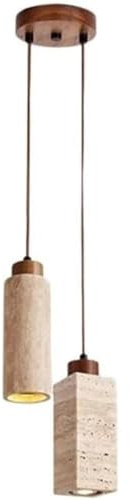LUOYAOB Mid-Century Modern Runde Quadratische Hängelampe Gelber Travertinschirm Kronleuchter Holzsockel Pendelleuchte for Schlafzimmer Wohnzimmer