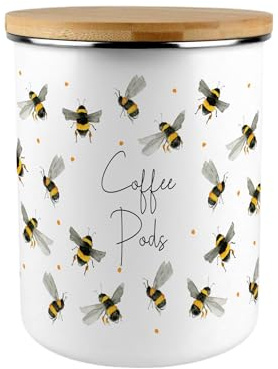 Purely Home Scattered Bees Coffee Pods Canister - Bumblebee Large Enamel Kitchen Storage Container/Gifts for Coffee Lovers