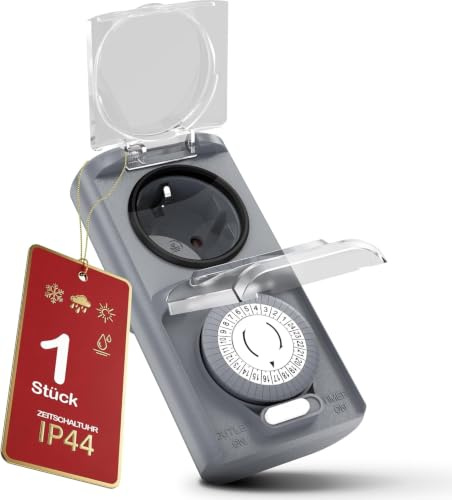 Zeitschaltuhr Steckdose Aussenbereich, 24 Stunden Mechanische Zeitschaltuhr, IP44 Wasserdicht, Timer Steckdose mit Schutzabdeckung, für Lichter, Poolpumpen, Weihnachtsdeko, Grau