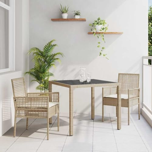 Bucmath Garten Essgruppe 3-teilig Beige Poly-Rattan, Outdoor Möbel Set mit 4 Stühlen, Esstisch Sicherheitsglasplatte, Balkonmöbel, Terrasse, langlebig
