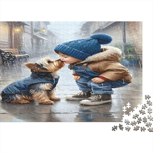 Kind und Hund Straßenszene Puzzle für Erwachsene 1000 Teile Puzzle Spiel Regen Tag Freizeit Geschenk 52x38cm/1000pcs