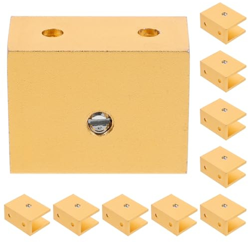 VILLCASE Lot de 10 Clips de Fixation Carrés en Aluminium Doré pour Étagères en Verre, Installation Facile et Maintien Sécurisé, pour Cuisines et Salons Modernes