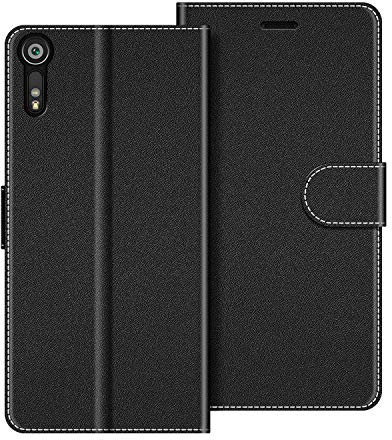 COODIO Handyhülle für Sony Xperia XZ, Schwarz: Leder Hülle mit Magnetverschluss, Standfunktion, Kartenfächer, Flip Case