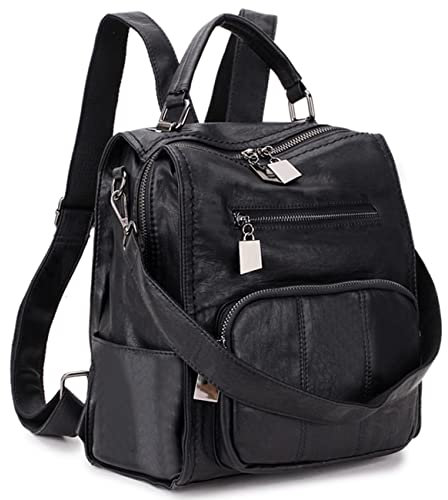 RAVUO Zaino Donna Piccolo Borsa Zaino in Pelle PU Mini Zaini Ragazze Borsa Tracolla con Multitasche Moda Borsa Nera per Lavoro,Viaggio,Universita