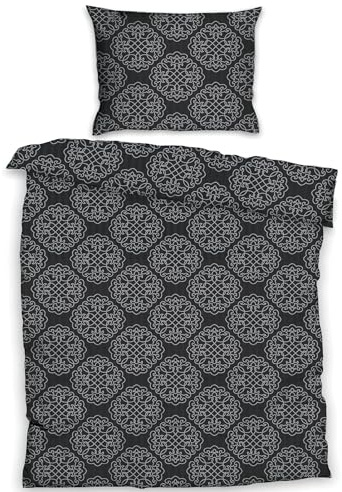 KH-Haushaltshandel 2-TLG. Seersucker Bettwäsche, 135x200 +80x80 cm, bügelfrei, schwarz Silbergrau, Ornamente (BlueOrna1x)