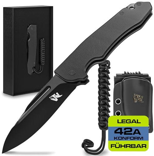Wolfgangs CORVUS Zweihandmesser Klappmesser aus feinstem D2 Stahl - Legales Taschenmesser Klappmesser - Rebustes Outdoor Messer Survival - Klappmesser Outdoor inkl. Kydex Holster (komplett schwarz)