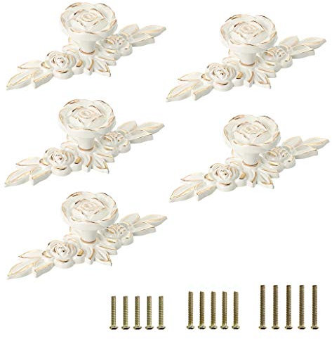 JuxYes Lot de 5 boutons de placard décoratifs avec plaque - Motif floral ivoire - Boutons de porte de placard - Pour commode, tiroir, armoire