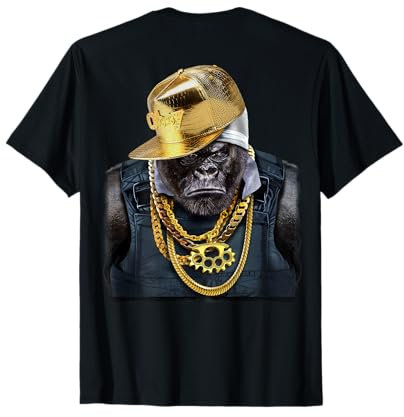 Fox Republic Design Maglietta Gorilla rapper in catena e berretto dorati, stile hip hop, Nero, Size S