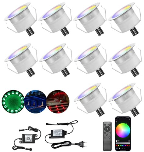 INDARUN WiFi Lampe au Sol Spot Encastrable RGBW étanche IP67 Ø45mm - éclairage pour terrasse, patio, chemin, mur, jardin, décoration, intérieur et extérieur (lot de 10)