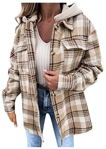 Jacke Kariert Damen - Fleece Hemdjacke Female Jacke Karo Lange Ärmel Herbst Winter Übergangsjacke Mit Taschen Knopfleiste Revers Mantel Plüsch Blusenshirt Oversize Outwear