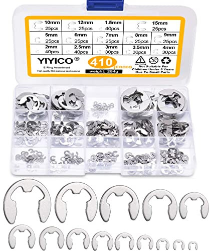 YIYICO E-Clip Sicherungsring Sicherungsscheiben Sicherungsringe Sortiment Set 410Stk 14 Größen 1,5 2 2,5 3 3,5 4 5 6 7 8 9 10 12 15mm 304 Edelstahl Externe Haltering mit Aufbewahrungenbox
