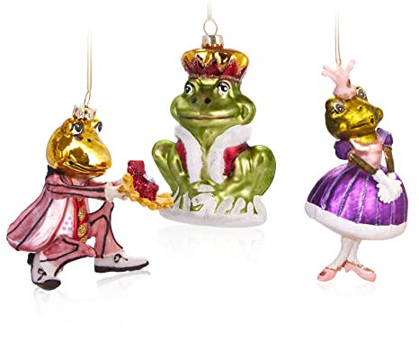 BRUBAKER 3-teiliges Baumkugel Set Frosch Märchen - Handbemalte Weihnachtskugeln Froschkönig, Prinz beim Antrag und Prinzessin - Mundgeblasener Christbaumschmuck aus Glas - Baumschmuck Lustig