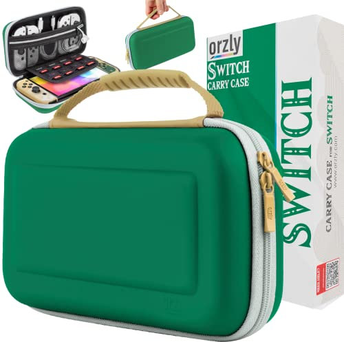 Orzly Switch-Hülle für Nintendo Switch OLED und Standard-Switch-Konsole mit Zubehör und Spiele-Aufbewahrungsfach – entworfen für Zelda-Fans, Geschenkbox-Edition, grün, gold, weiß, Tragetasche
