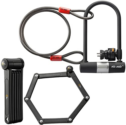 Electric Bike Bike Lock Set Triple Protection Via Velo 2022 New Heavy-Duty Hard Steel | 33.5”Folding Lock | 11 Bicycle U Lock | 6FT Cable | for Electric Bike Fat Tire Scooter Folding Bike Adult