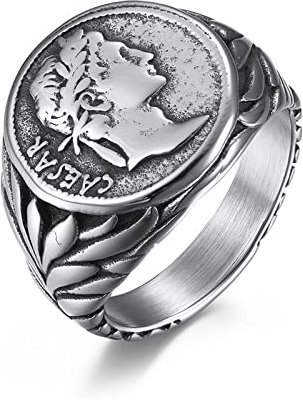 Hoisy Siegelring Herren Silber, Punk Ringe Edelstahl Caesar Ring Herren Silber Siegelring Größe 67 (21.3)