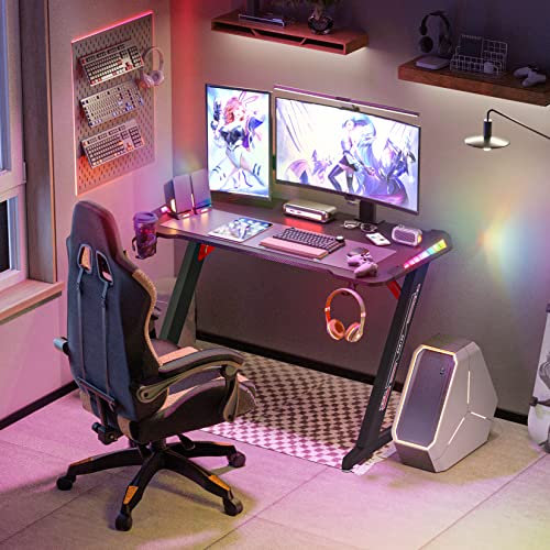 Computer Gaming Desk RGB LED Christmas Teenager Gift : Ergonomic Larger Game Table Hold 2 Monitors 140cm Length Black Carbon Fiber Desktop Gamer Desks with Light and Headphone Hook Cup Holder