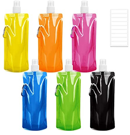 SANOU Faltbare Wasserflasche Wiederverwendbare Wassersack mit Karabinerhaken 480ML flexible faltbar trinkflaschen zum Wandern Abenteuer Reisen (6 pcs)