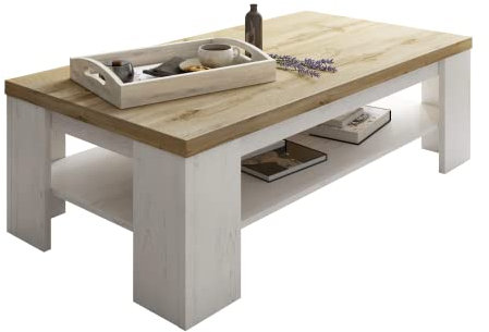 lukmebel Vinci Couchtisch mit unterer Ablage im Provence-Stil Eleganz Massivholzbeine aus Schichtholzplatte Wotan Eiche und Andersen Kiefer 67x130x41cm