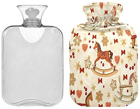 Wärmflasche mit Schaukelpferd, rote Schleifen, 2 l, Weihnachten, Lebkuchen, Winter, Wärmflasche, weicher Plüschbezug, Handfüße, Wärmer für Kinder, Männer, Frauen