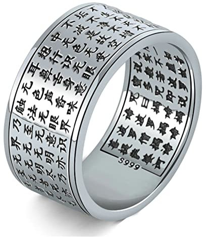 Gualiy Silber 999 Ringe, Herren Ring Vintage 10MM Ring mit Herz Sutra Ringe Größe 70 (22.3)