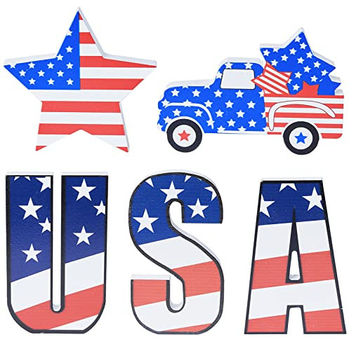 5 Stück patriotische Unabhängigkeitstag Dekor Bündel aus Holz USA Schild, Holz LKW und Sternblock, freistehende Blöcke, Tischdekoration für 4. Juli Dekorationen, amerikanische Stern-Dekoration,