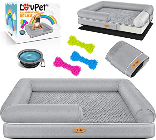 Lovpet® Orthopädisches Hundebett Hundekissen Hundekorb Relax, Inkl. Napf + 3X Kauknochen, Hundesofa für Kleine, Mittelgroße & Große Hunde, Bezug abnehmbar und waschbar, 120x85x22cm Grau