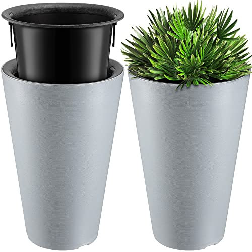 Juego de 2 macetas altas para exteriores de 12 x 18 pulgadas, macetas grandes de resina para exteriores para porche delantero, flores, macetas decorativas para interiores con drenaje (gris)