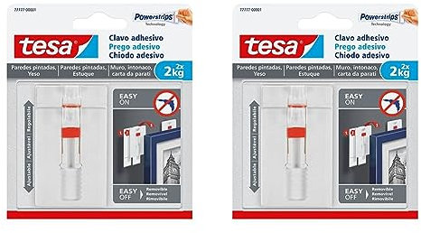 tesa Clavo Adhesivo Ajustable para Paredes Pintadas y Yeso 2 kg - Colgador con Altura Ajustable Sin Perforaciones - Paquete con 2 Clavos Adhesivos y 6 Tiras (Paquete de 2)