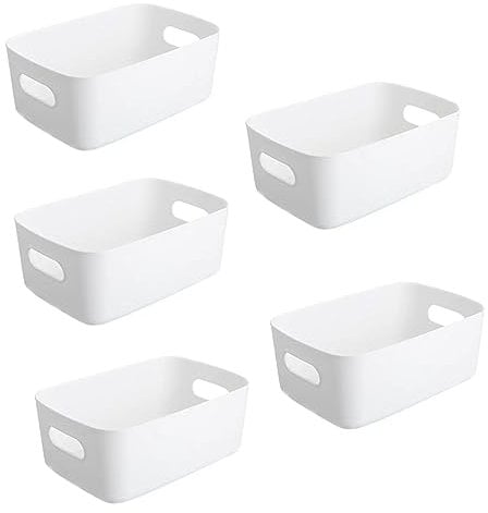 Pack of 5 Storage Baskets with Handle – Rectangular Home & Kitchen Organiser Strong Plastic Cupboard Storage Boxes 3 sizes (Large (30 x 20.5 x12.5 cm), 5 Pcs White)