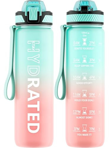 QLUR Gourde, 1L Gourde Sport avec Paille et Graduée, 1 Litre Étanche Bouteille d'Eau avec Brosse, Gourdes Motivation sans BPA pour Fitness, Bureau, l'école, Yoga
