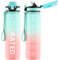 QLUR Trinkflasche, 1L BPA-Frei Tritan Wasserflasche mit Strohhalm, Trinkflasche Sport Auslaufsicher mit Zeitmarkierung und Bürste, Sportflasche für Fitness, Schule, Yoga, Grün Rosa (1 Flasche)