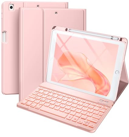 Vobafe Hülle mit Tastatur Kompatibel für iPad 9./ 8. /7. Generation 10.2 Zoll mit Stifthalter, Magnetisch 7 Farben Beleuchtung, Wiederaufladbar Abnehmbarer QWERTZ iPad Tastatur, Rosa