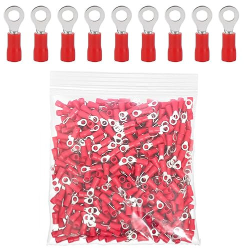ETOPARS 100 Pezzi Rosso M4 Terminale Connettori ad Anello 4,3mm Rame Connettori Elettrici Occhiello Anello 16-22 AWG Capicorda Elettrici in Filo Crimpare Connettori Isolato Cavi