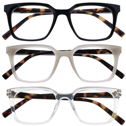 OPULIZE KOI Lesebrille 3er Pack - Große Rechteckige Brillenfassung - Schwarz-Grau-Durchsichtig - Damen, Herren - Federscharniere - RRR50-17C - +1.50