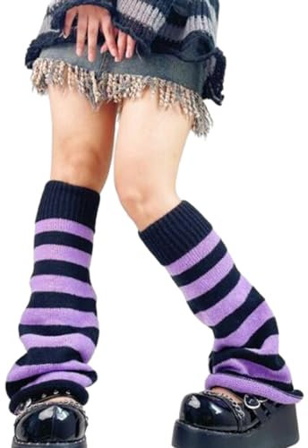 tinysiry 1 Pair Japanese Style Flared Shape Long Student Leg Covers Elastic Cuffs Striped Loose Knitted Leg Warmers Purple