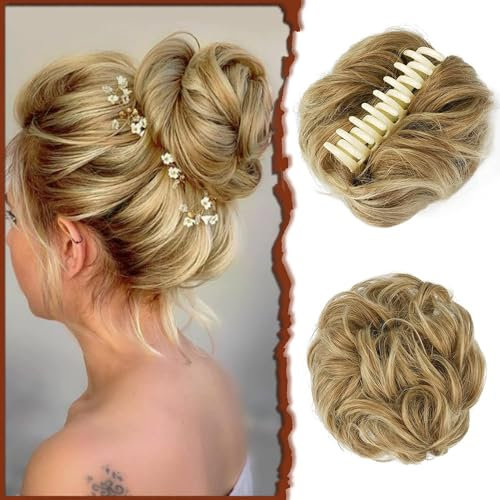 RPAEOY Haarteile Dutt mit Klammer Lockig Wellig Haargummi mit Haaren Messy Bun Klammer Synthetik Haar Scrunchies Haardutt Haarteile für Damen (Goldbraun)