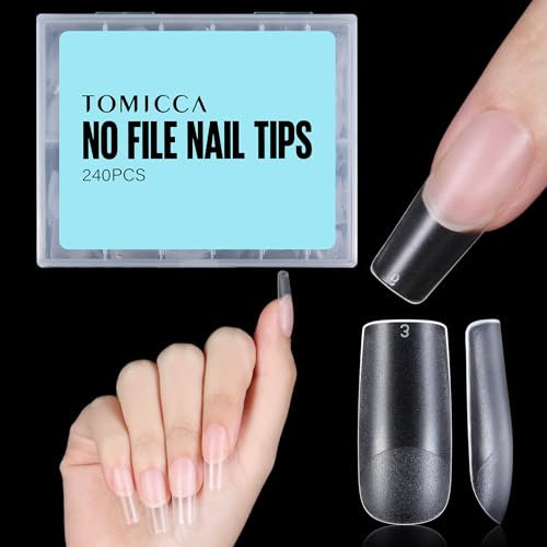TOMICCA Lot de 240 faux ongles carrés, moyens, pré-formés, semi-mats, pour extension d'ongles, art de décorer les ongles, bricolage, salon de manucure à la maison, 12 tailles, en gel