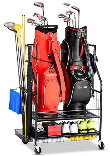 EXTCCT Golf Bag Storage Garage Organizer- Golf Bag Stand Fit for 2 Golf Bags and Golf Clubs, Golf Balls, Golf Equipment Accessories, Extra Large Golf Bag Storage Rack for Garage, Club, Shed, Basement