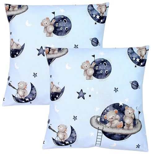 TupTam Kinder Kissenbezug Dekorativ Gemustert mit Hotelverschluss 2er Set, Farbe: Bären im Kosmos/Weiße Sterne/Grau, Größe: 40 x 60 cm