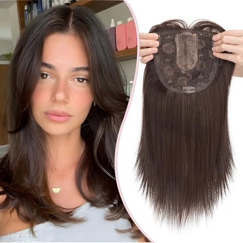 S-noilite Hair Toppers für Frauen,Toupet Toppers Haarverlängerung Haarteile Perücken mit Fransen,Haartopper Basis 15x15cm, Clip in Synthetischen Haarteile, Glatt 35cm 120g Auburn Braun