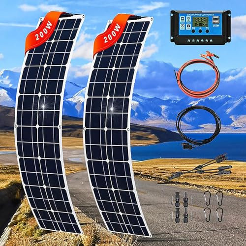Heumbio Kit De Panneau Solaire 400W, 12V 24V avec ContrôLeur De Charge Solaire 40 A Et CâBle D'Extension, avec Clips De Batterie pour Bateau, Moto, Maison, éClairage ExtéRieur, Camping-Car,White