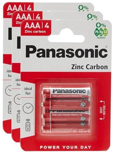 PANASONIC Pack of 3 Blister Packs of 4 Red Zinc-Carbon AAA R03-1.5V Batteries