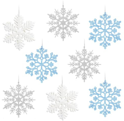 VOPIWOZ 24 Schneeflocken Weihnachtsbaum Deko, Glitzer Schneeflocken Mit Weihnachtsseil, Blau Silber und Weiß Schneeflocken Deko Hängend, Geeignet für Christbaumschmuck Winterdeko Hochzeitsdekoration