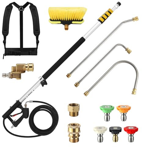 24 FT Telescoping Pressure Washer Wand with Pressure Washer Extension Wand, Brush Head, Gutter Cleaner, 5 Spray Nozzle Tips, 2 Hose Adapters and Support Belt