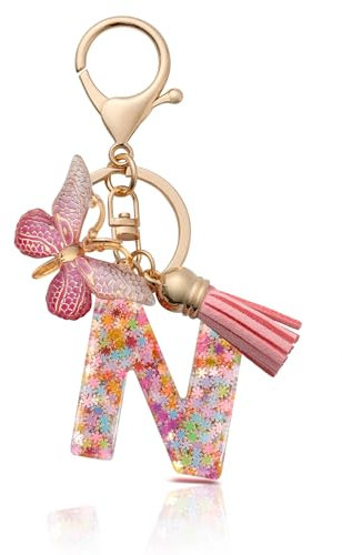 CHUQING Schlüsselanhänger Buchstabe Schlüsselanhänger für Frauen Mädchen Schlüsselanhänger Rosa N Schlüsselanhänger Anfangsbuchstabe Schlüsselanhänger Schmetterling