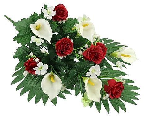Flair Flower Decorazione per sepoltura con rose artificiali e calla, 48 cm, decorazione per sepoltura di cimitero, decorazione per il cimitero, decorazione per la tavola, fiori di seta