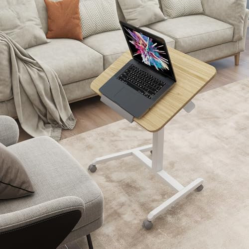 PUNCIA Mobiler Stehpult mit 4 Rollrädern, pneumatisch, höhenverstellbar, Laptop-Computer-Arbeitsplatz, 76–111 cm, neigbarer Schreibtisch neben dem Betttisch für Zuhause, Büro, 65 x 48 cm, Natur